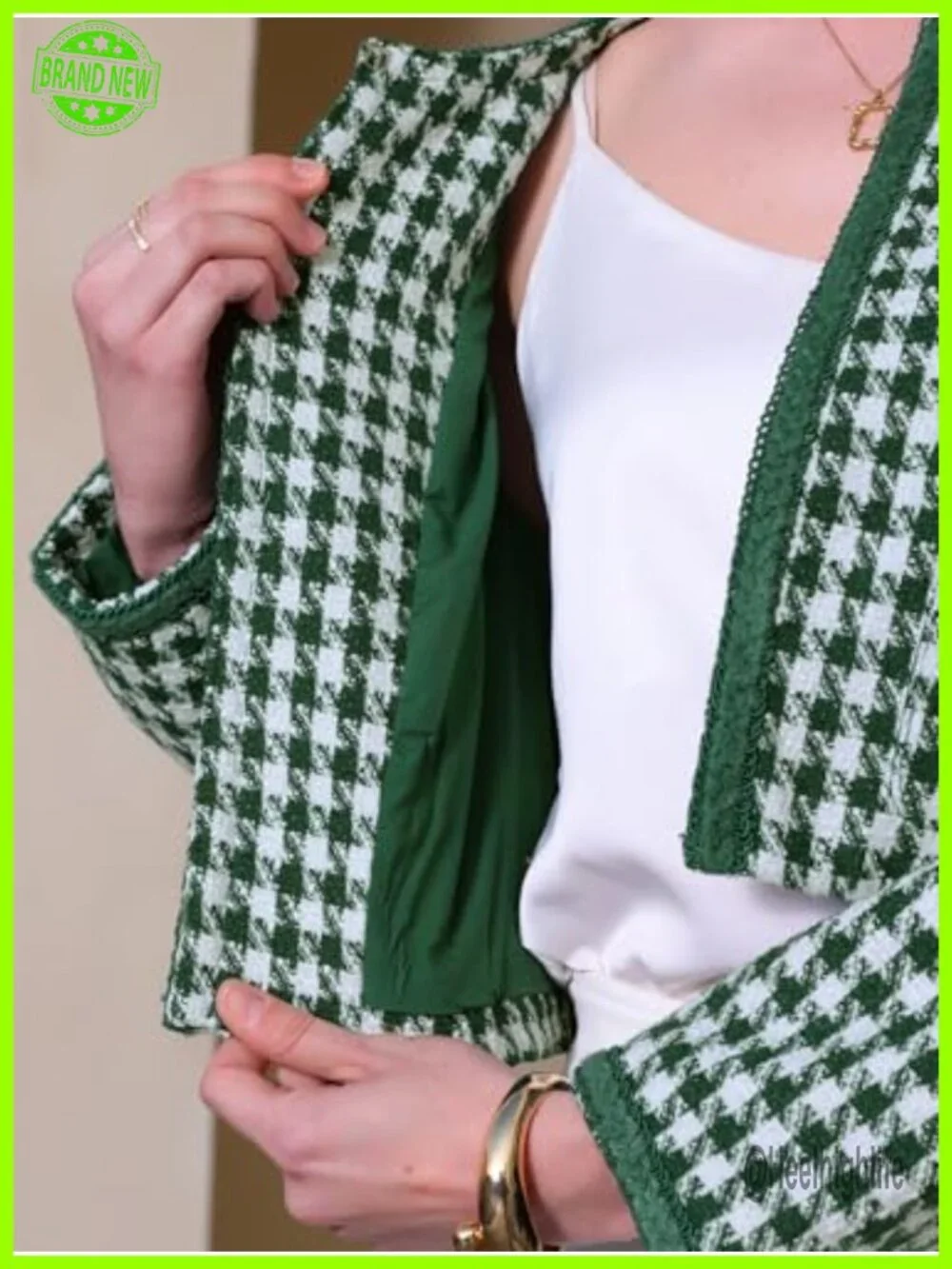 Houndstooth Collarless Cropped Tweed Blazer Jacket